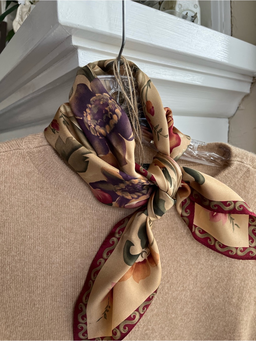 Talbots Vintage Floral Silk Scarf Rich Camel with Burgundy Trim